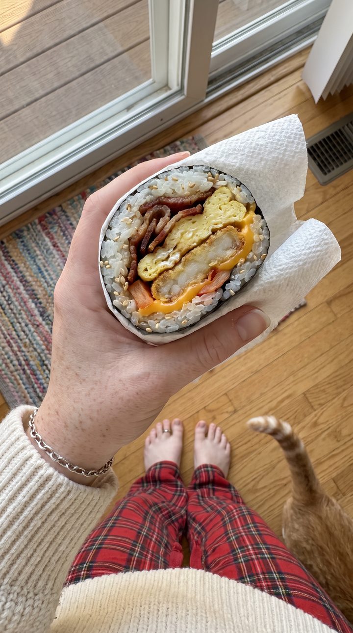 Bacon, egg, hash brown, kimchi