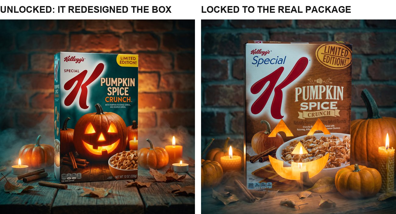 Left: a Special K box the AI redesigned in teal. Right: the same scene with the real brown-and-white box.